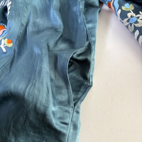 Novica Azure Autumn Floral Embroidered Kimono Jacket Size S M Blue Birds Pockets - Picture 8 of 13